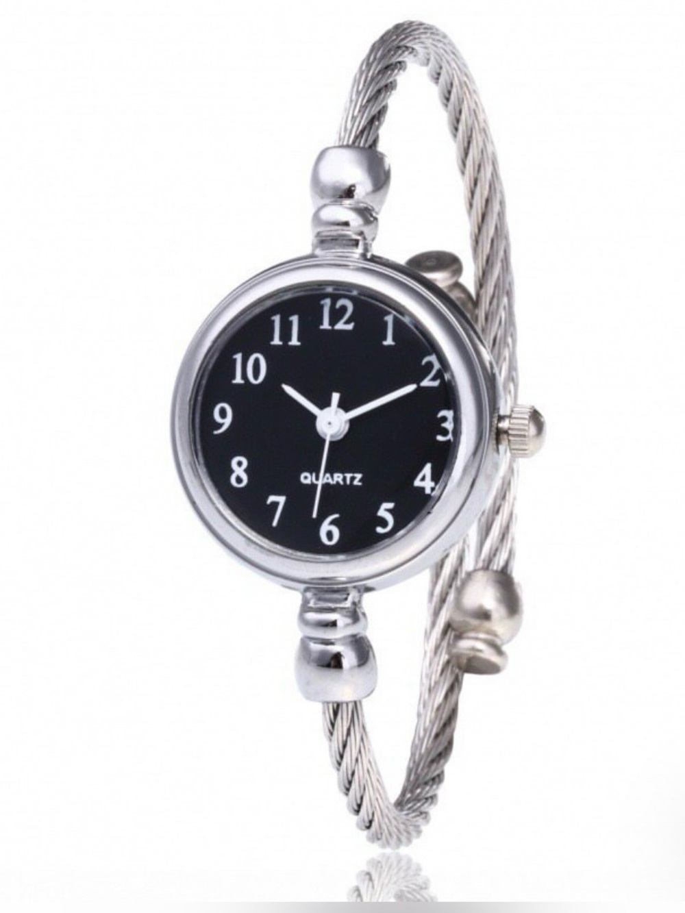 New Silver-Tone Women's Quartz Bangle Watch with Black Dial